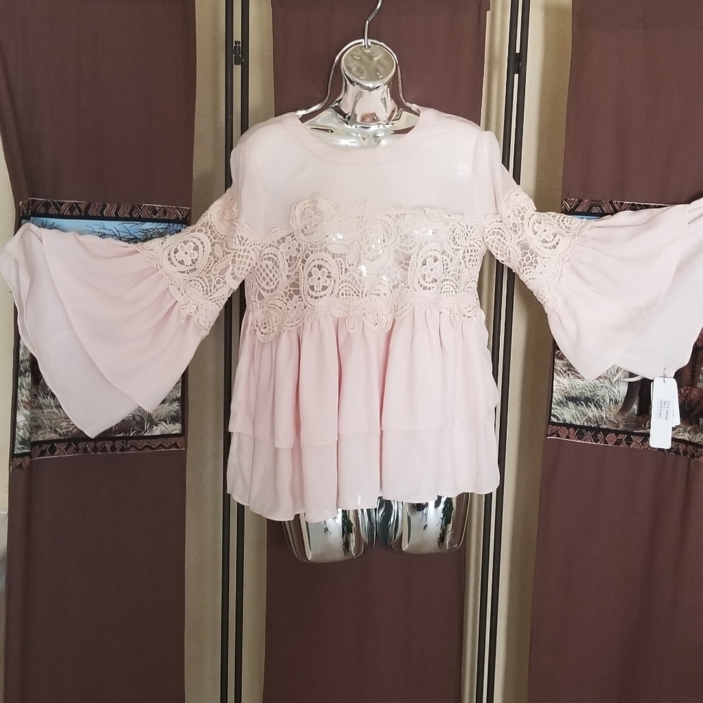 Flowy Peach embroidered, bell sleeves blouse